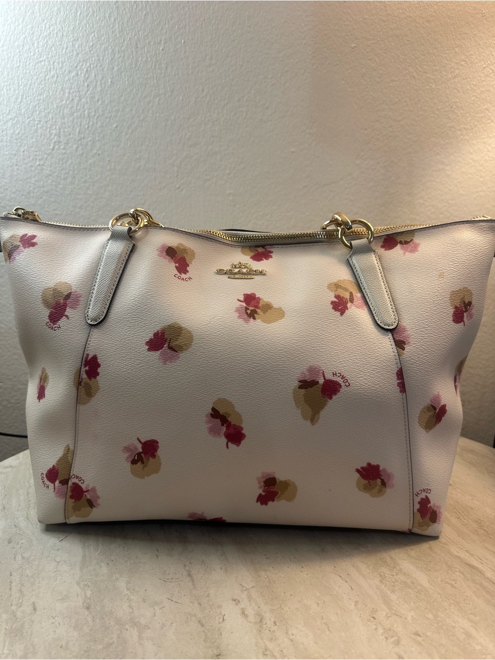 Coach White Floral Print Leather Tote with Pink and Tan Accents - Picture 1 of 12